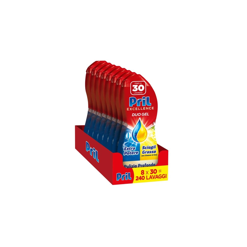 Pril Duo Gel Dishwashing Liquid 8x30 Wash Cycles With Lemon Scent And Pulp