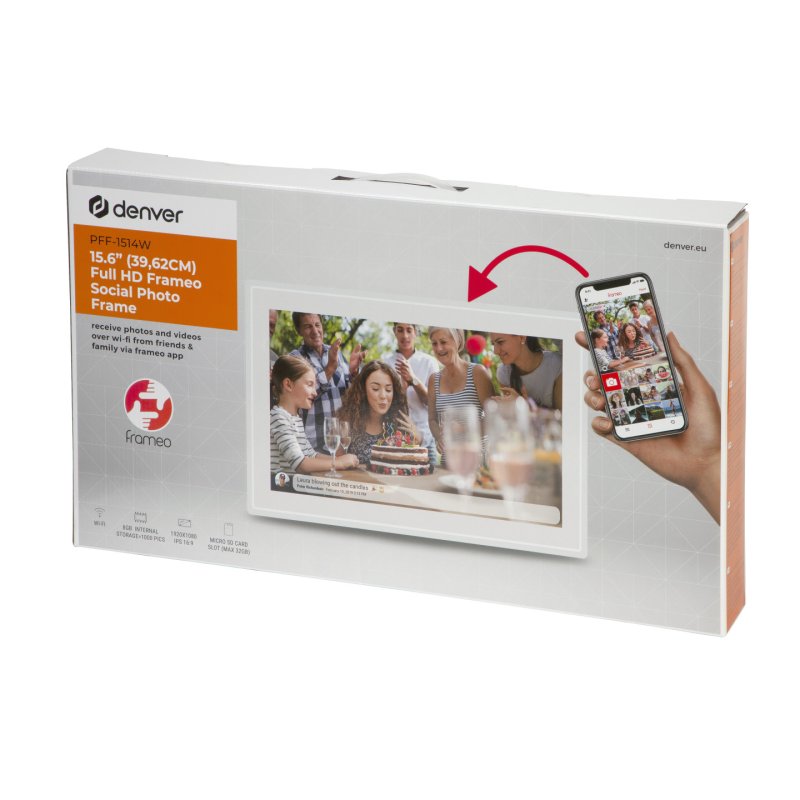 Denver PFF-1514W digital photo frame White 39.6 cm (15.6") Touchscreen Wi-Fi