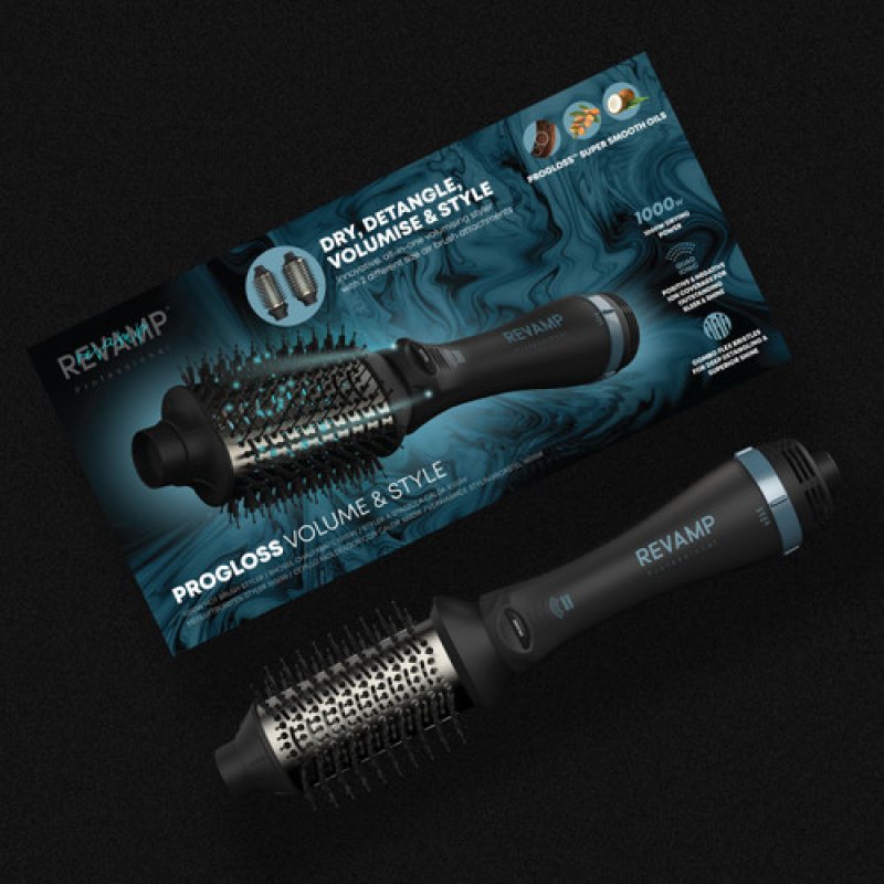 Revamp Progloss Volume & Style Hot Brush Style Brosse soufflante à air chaud À chaleur Noir 1000 W 3 m