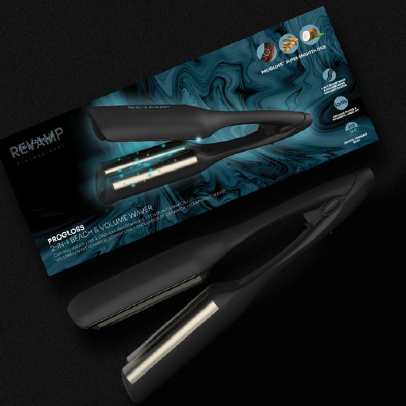 Revamp Progloss 2-in-1 Beach & Volume Waver Curling iron Warm Black 3 m