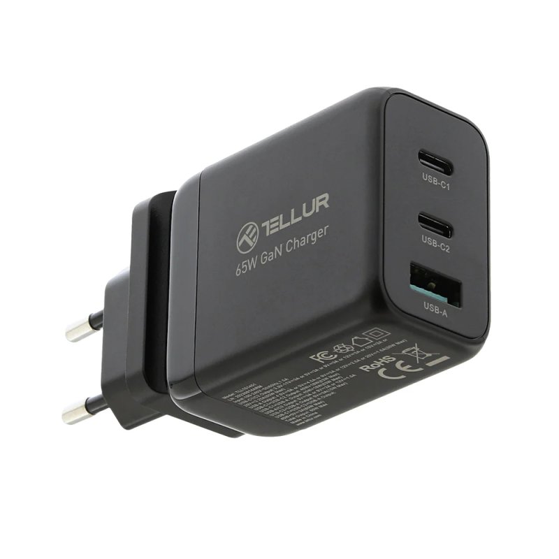 Tellur GaN 65W 3-port wall charger, 2xUSB-C USB-A, EU,UK,US, black
