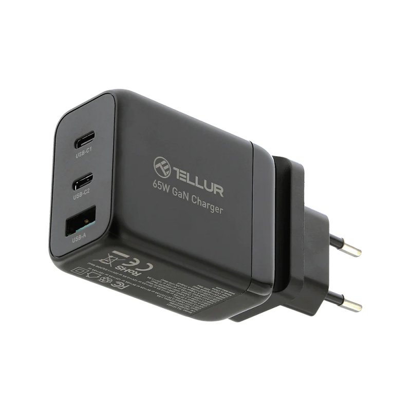 Tellur GaN 65W 3-port wall charger, 2xUSB-C USB-A, EU,UK,US, black