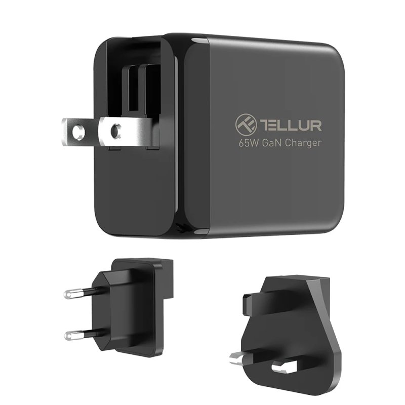 Tellur GaN 65W 3-port wall charger, 2xUSB-C USB-A, EU,UK,US, black