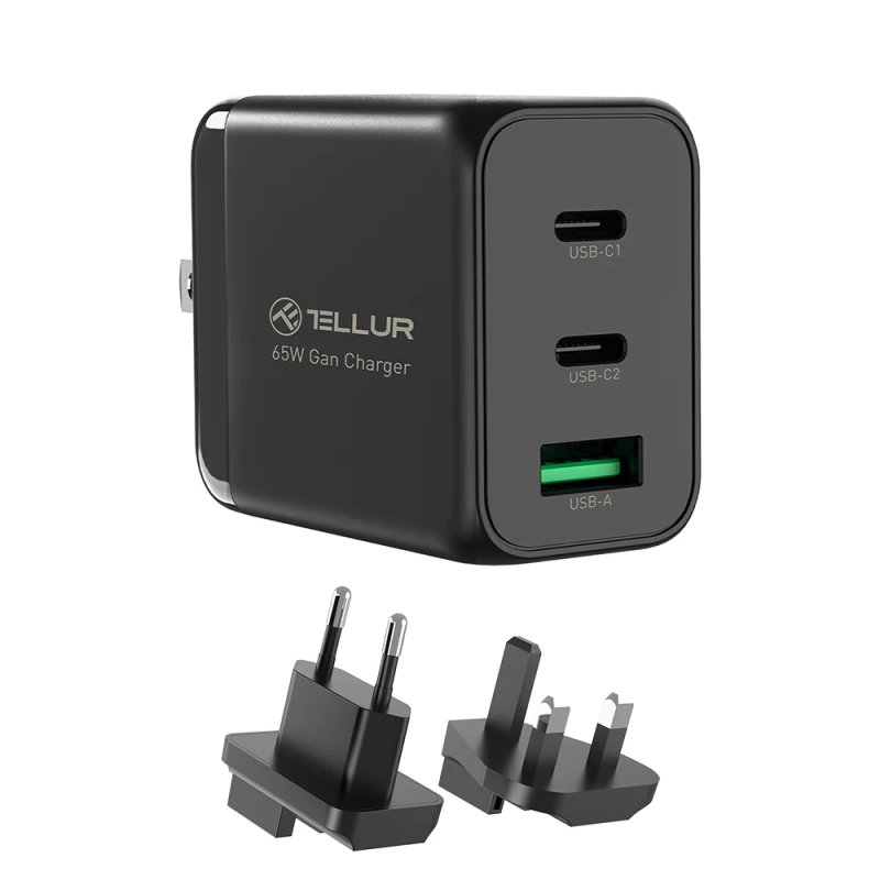 Tellur GaN 65W 3-port wall charger, 2xUSB-C USB-A, EU,UK,US, black