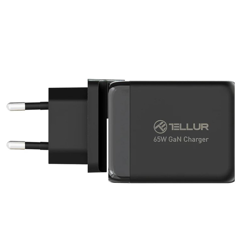 Tellur GaN 65W 3-port wall charger, 2xUSB-C USB-A, EU,UK,US, black