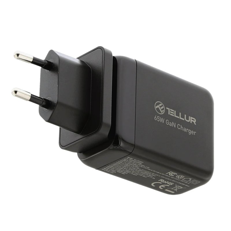 Tellur GaN 65W 3-port wall charger, 2xUSB-C USB-A, EU,UK,US, black