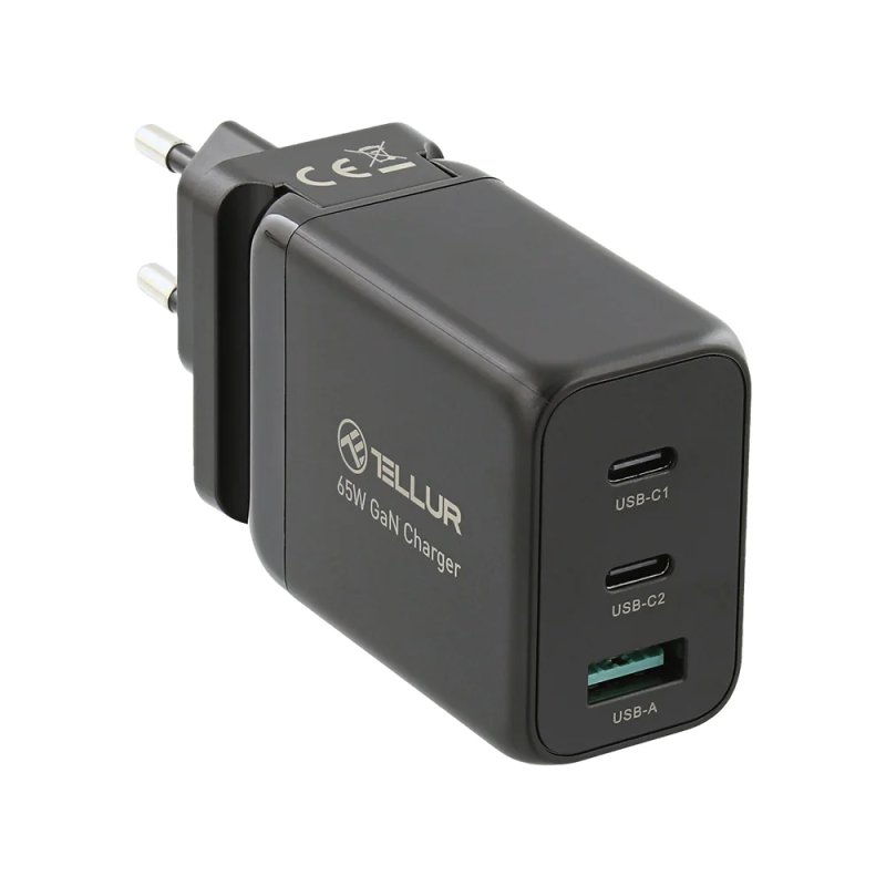 Tellur GaN 65W 3-port wall charger, 2xUSB-C USB-A, EU,UK,US, black