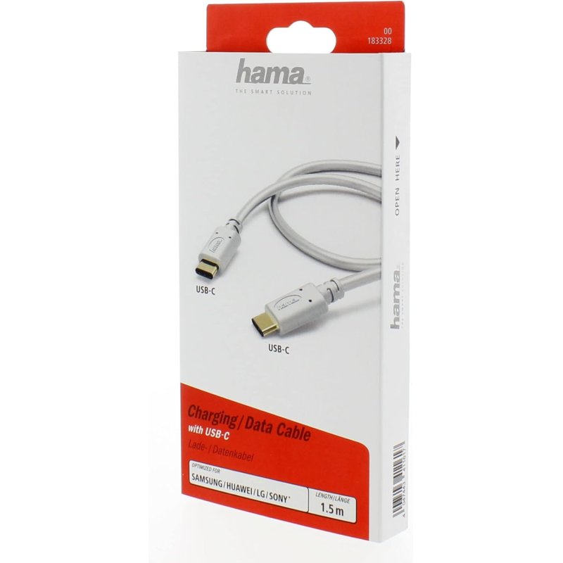 Hama 00183328 Charging/Data Cable, USB Type-C - USB Type-C 1.5m White