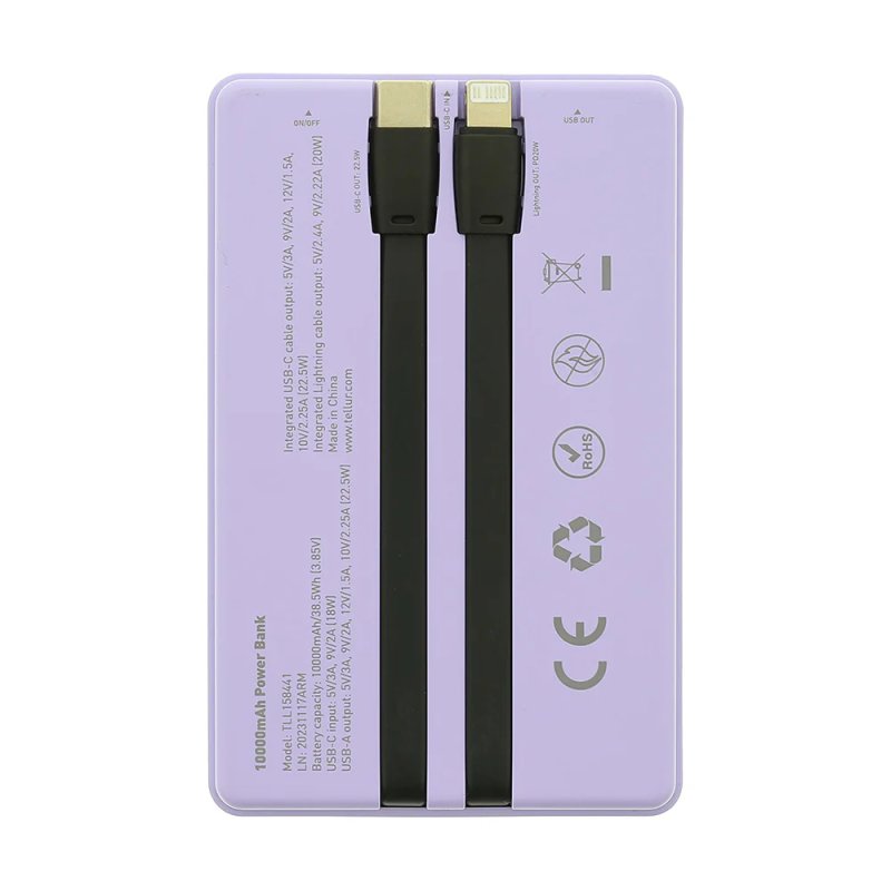 Tellur Power Bank 10000mAh, USB-C Lightning cables built-in purple