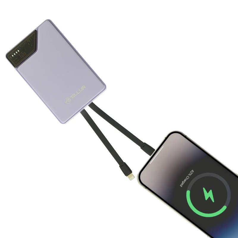 Tellur Power Bank 10000mAh, USB-C Lightning cables built-in purple