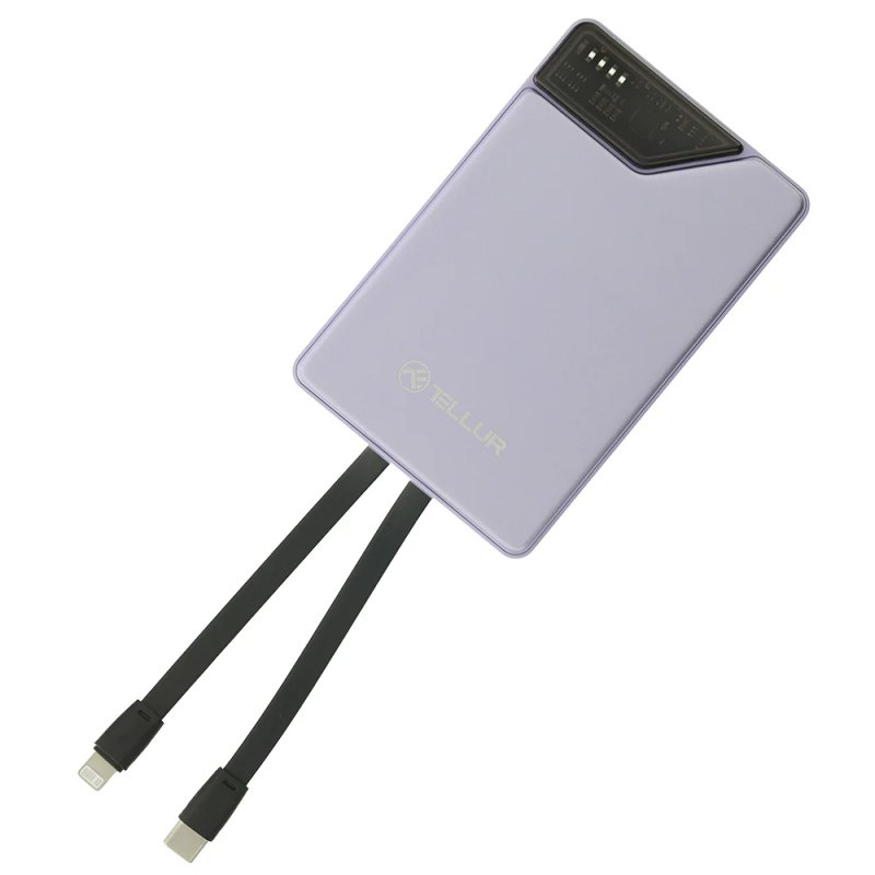 Tellur Power Bank 10000mAh, USB-C Lightning cables built-in purple