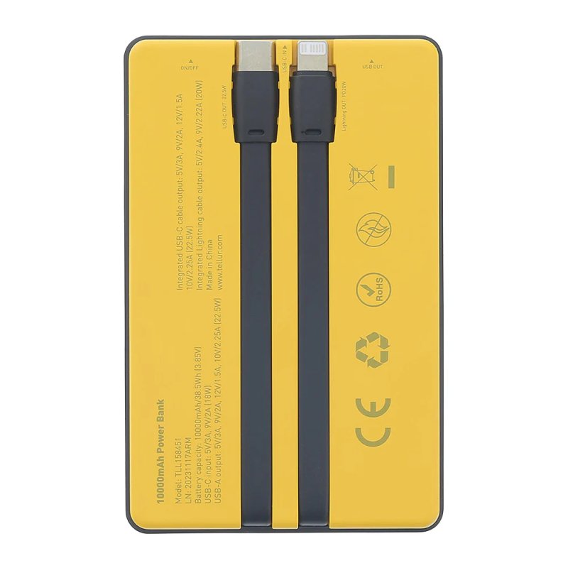 Tellur Power Bank 10000mAh, USB-C Lightning cables built-in yellow