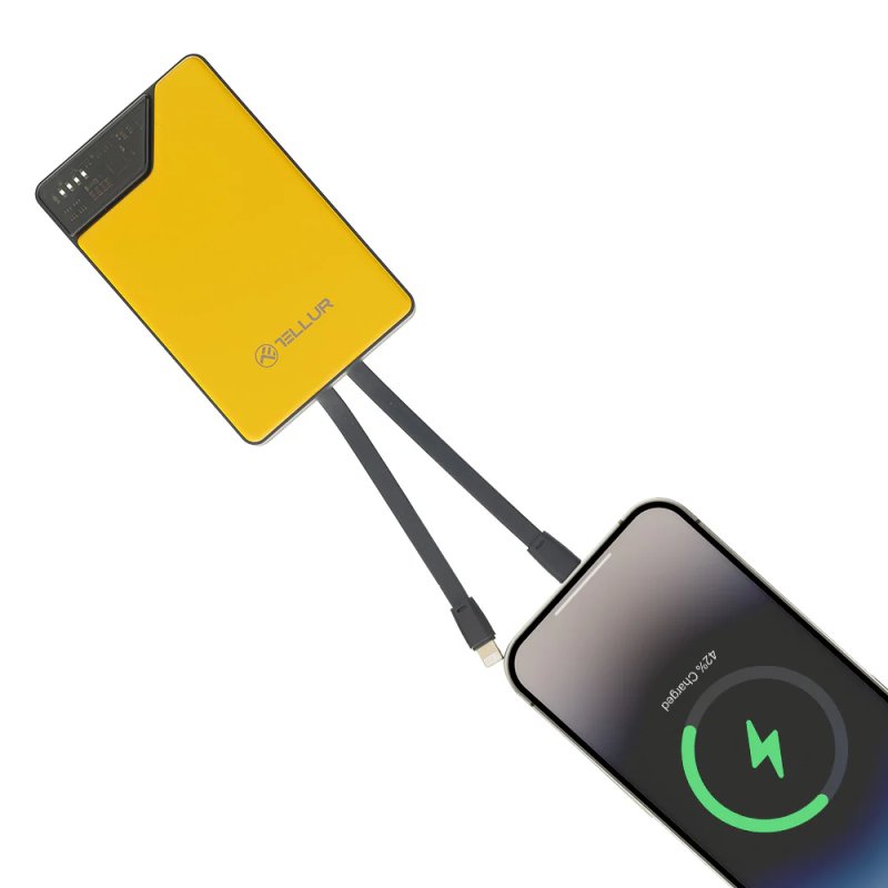 Tellur Power Bank 10000mAh, USB-C Lightning cables built-in yellow