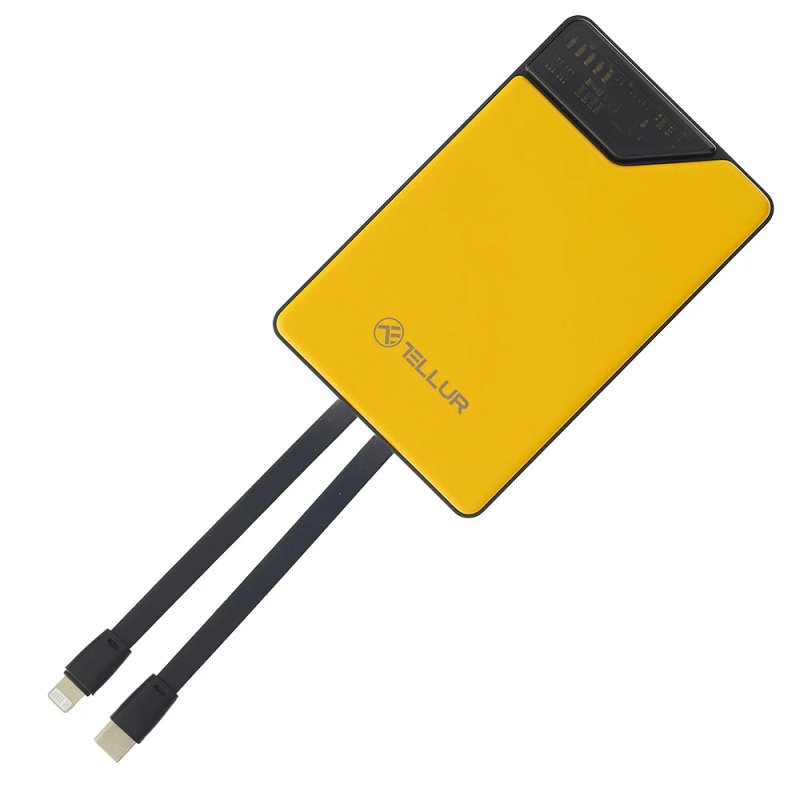 Tellur Power Bank 10000mAh, USB-C Lightning cables built-in yellow