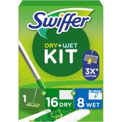 Swiffer Dry & Wet Floor Mop Starter Set with 1 Stick, 16 Dry and 8 Wet Pads