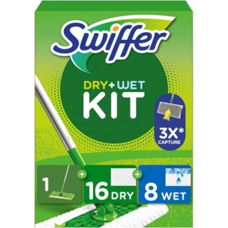 Swiffer Dry & Wet Floor Mop Starter Set with 1 Stick, 16 Dry and 8 Wet Pads