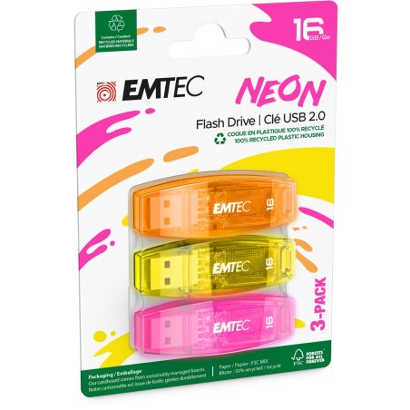 Lot de 3 Clés USB 2.0 Emtec compatible C410 Neon - 16Go (Orange/Jaune/Rose)