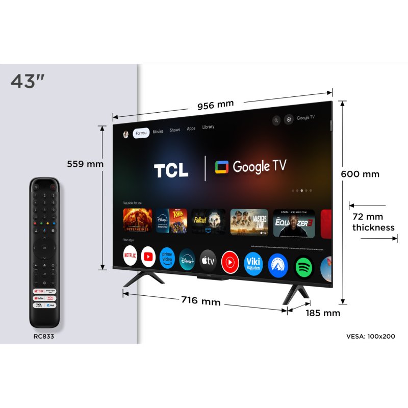 TCL P7K 43P7K TV 109.2 cm (43 ) 4K Ultra HD Smart TV Wi-Fi Metallic 430 cd/m2