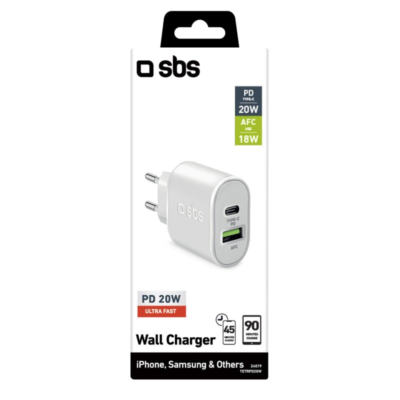 SBS TETRPD20W mobile device charger Smartphone, Tablet White AC Fast charging Indoor