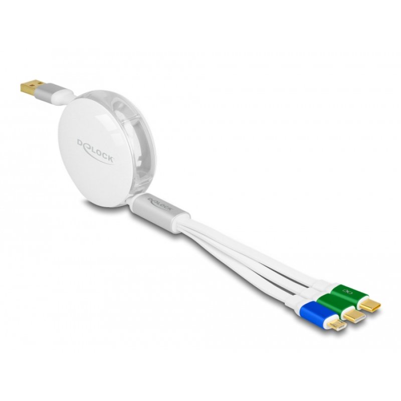 DeLOCK Câble de chargement rétractable USB 3 en 1, Type-A à Micro USB / 2 x USB Type-C avec chargement rapide, blanc