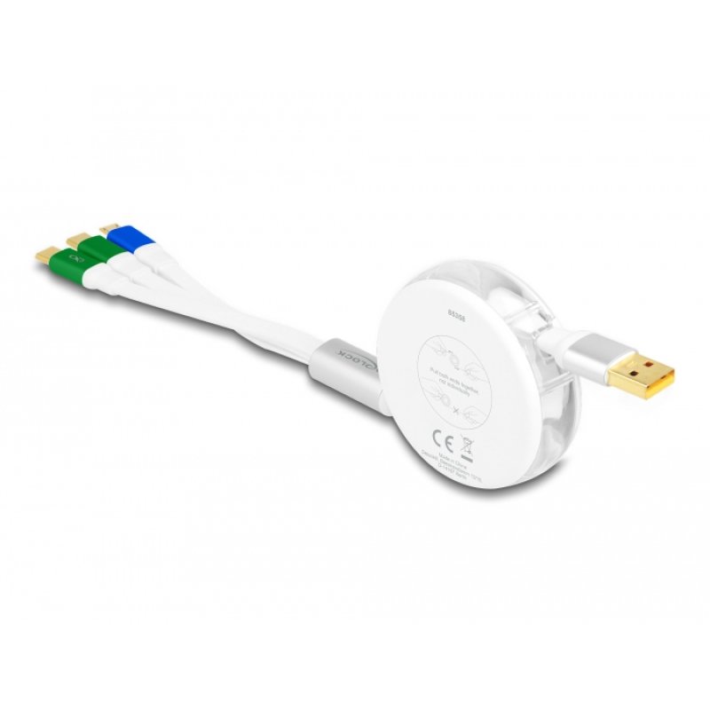 DeLOCK Câble de chargement rétractable USB 3 en 1, Type-A à Micro USB / 2 x USB Type-C avec chargement rapide, blanc