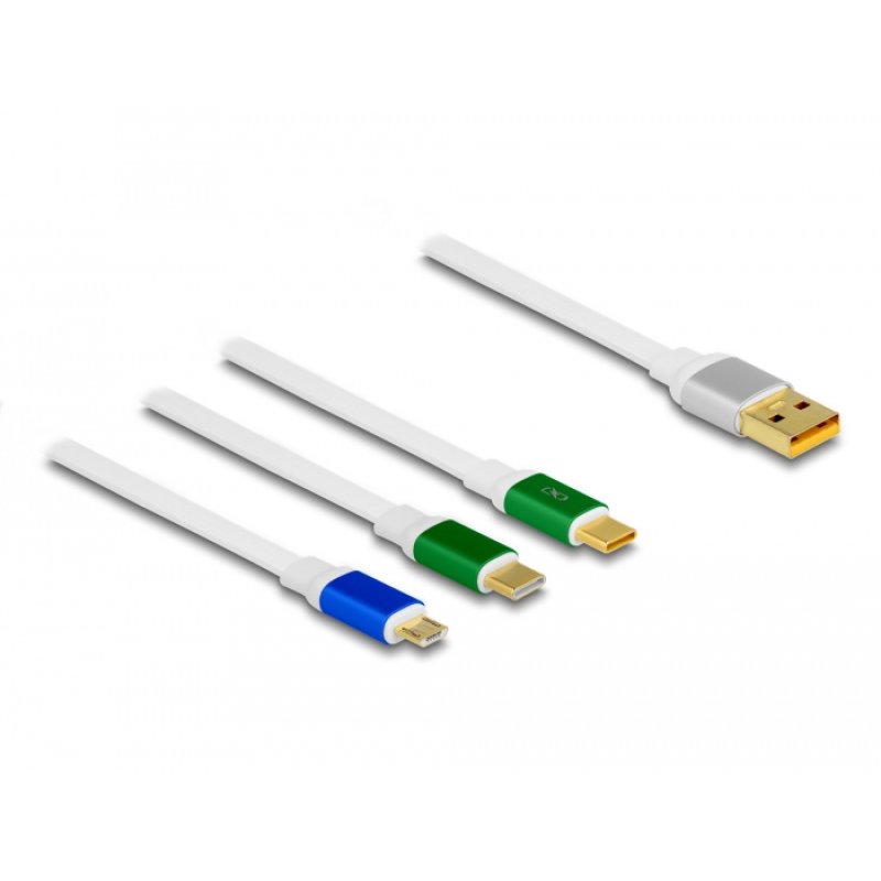 DeLOCK Câble de chargement rétractable USB 3 en 1, Type-A à Micro USB / 2 x USB Type-C avec chargement rapide, blanc