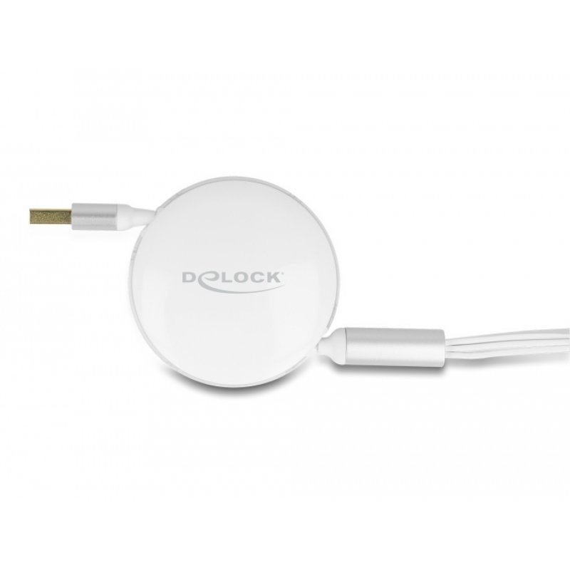 DeLOCK Câble de chargement rétractable USB 3 en 1, Type-A à Micro USB / 2 x USB Type-C avec chargement rapide, blanc