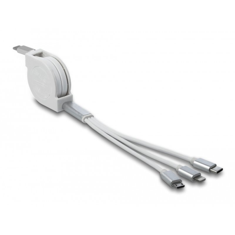 DeLOCK Câble de chargement USB Type-C 3 en 1 rétractable pour Lightning / Micro USB / USB Type-C blanc