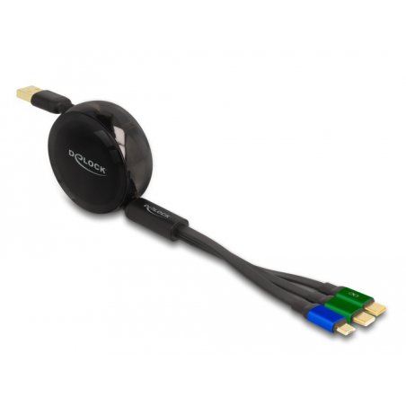 Delock USB Aufrollladekabel 3 in 1 Typ-A zu Micro USB / 2 x USB Type-C™ mit Schnellladefunktion schwarz