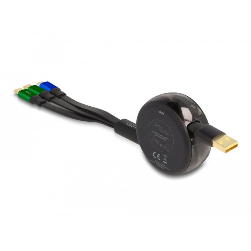DeLOCK USB 3 in 1 Retractable Charging Cable for Micro USB / 2 x USB Type-C with Fast Charging black