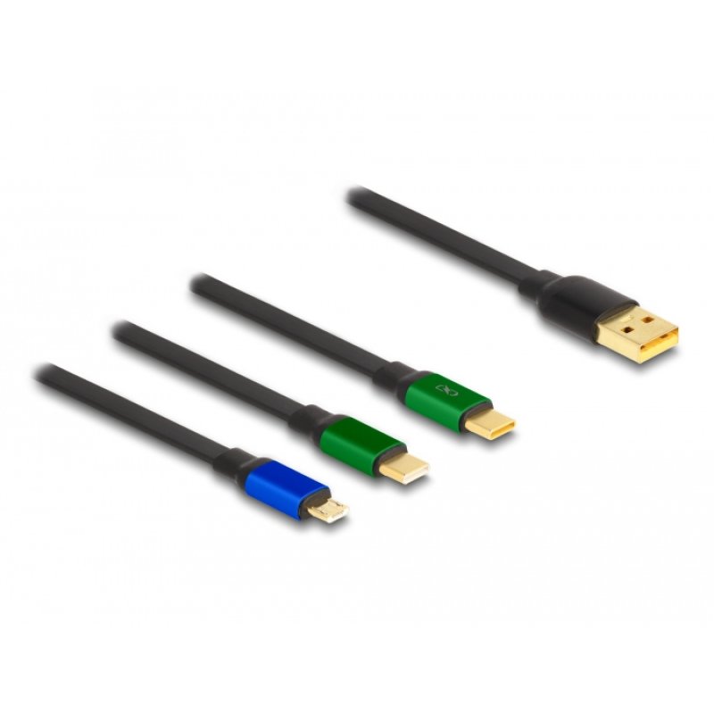 DeLOCK USB 3 in 1 Retractable Charging Cable for Micro USB / 2 x USB Type-C with Fast Charging black
