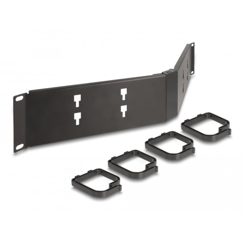 DeLOCK 19″ Cable Management Routing Panel with 4 hooks 2U angled black