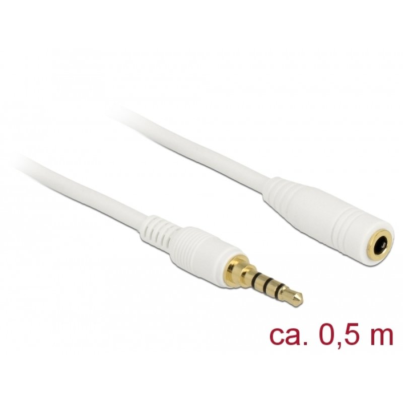 Delock Klinkenverlängerungskabel 3,5 mm 4 Pin Stecker zu Buchse 0,5 m weiß