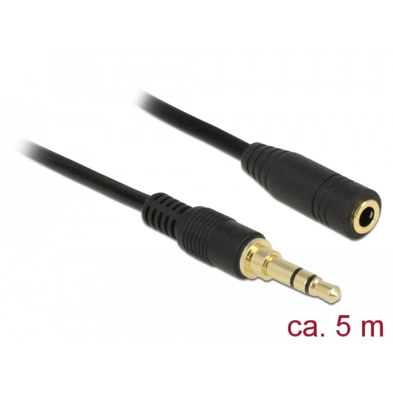 Delock Klinkenverlängerungskabel 3,5 mm 3 Pin Stecker zu Buchse 5 m schwarz