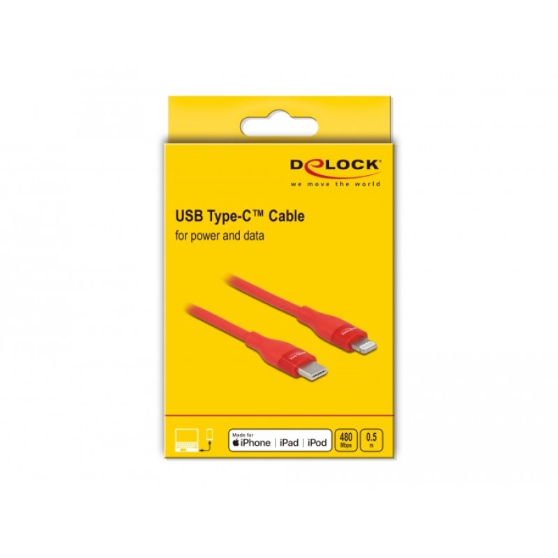 DeLOCK Data and charging cable USB Type-C to Lightning for iPhone, iPad and iPod red 0.5 m MFi