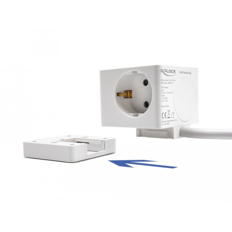 DeLOCK Rallonge de cube de 3 prises avec verrou à l’épreuve des enfants et chargeur USB, câble de 1,5 m, blanc