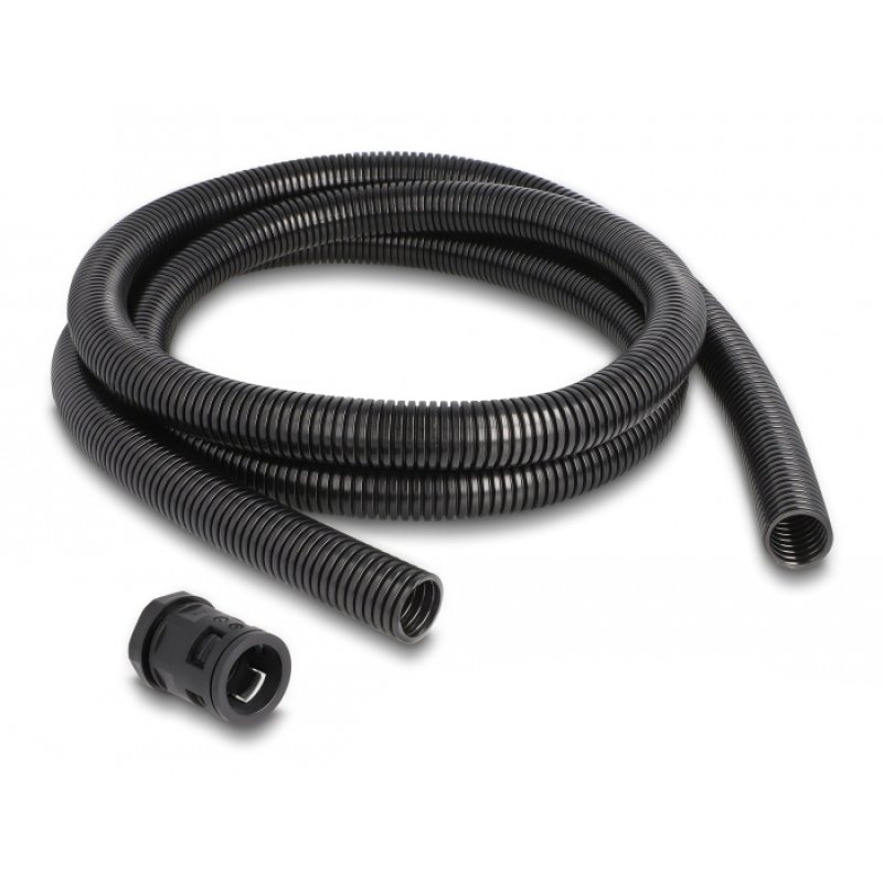 DeLOCK Manchon de protection de câble 2 m x 21,2 mm avec set de raccord de conduite PG16, noir