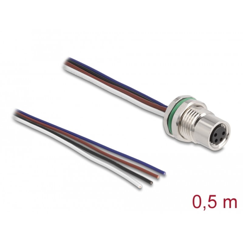 DeLOCK M8 panel-mount cable A-coded 4 pin female for panel with open cable ends front mounting 0.5 m