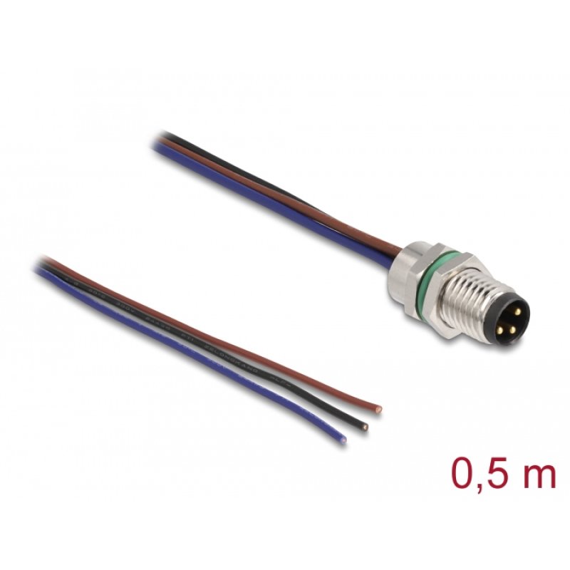DeLOCK M8 panel-mount cable A-coded 3 pin male for panel with open cable ends front mounting 0.5 m