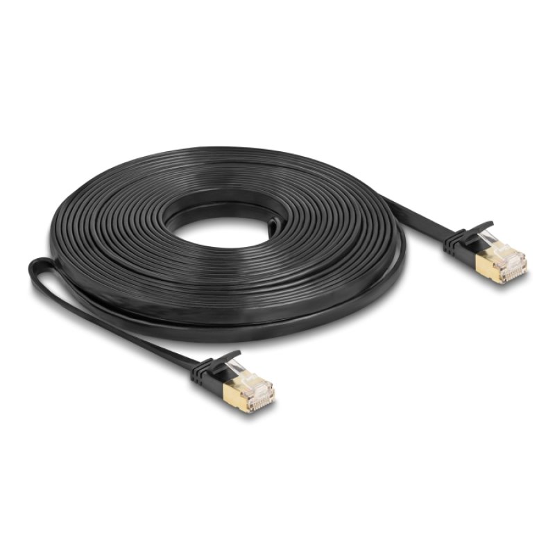 DeLOCK Câble de réseau RJ45 Cat.6A mâle à mâle avec loquet robuste et câble plat brut Cat.7 U/FTP 10 m noir