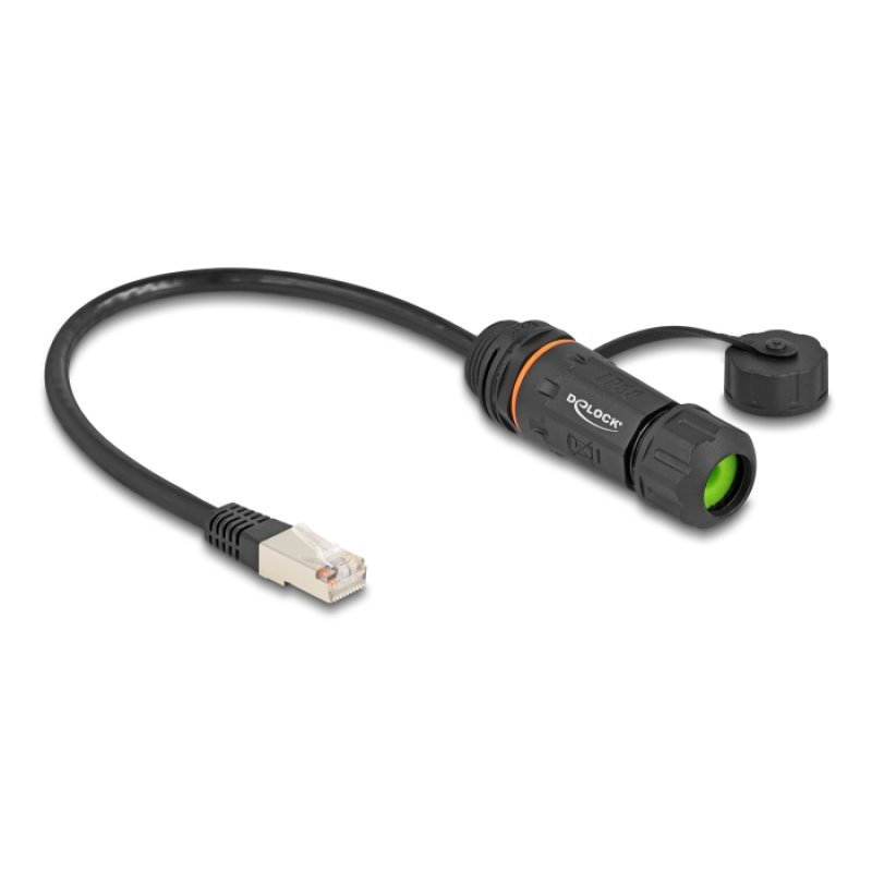 DeLOCK Cable RJ45 plug to RJ45 jack Cat.6A for built-in with M20 thread and housing IP68 dust and waterproof 25 cm black