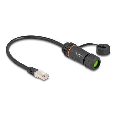 DeLOCK Cable RJ45 plug to RJ45 jack Cat.6A for built-in with M20 thread and housing IP68 dust and waterproof 25 cm black