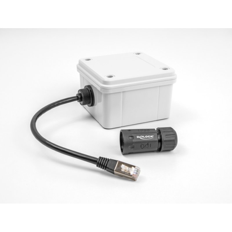 DeLOCK Cable RJ45 plug to RJ45 jack Cat.6A for built-in with M20 thread and housing IP68 dust and waterproof 25 cm black