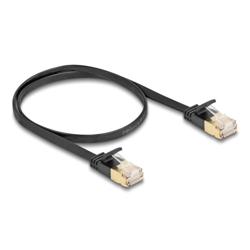 Delock RJ45 Netzwerkkabel Cat.6A Stecker zu Stecker mit robuster Rastnase und Cat.7 Rohflachbandkabel U/FTP 0,5 m