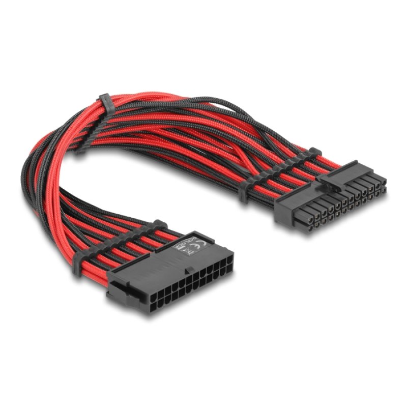 Delock Verlängerungskabel 24 Pin ATX Stecker zu 24 Pin ATX Buchse Textilummantelung rot-schwarz 30 cm