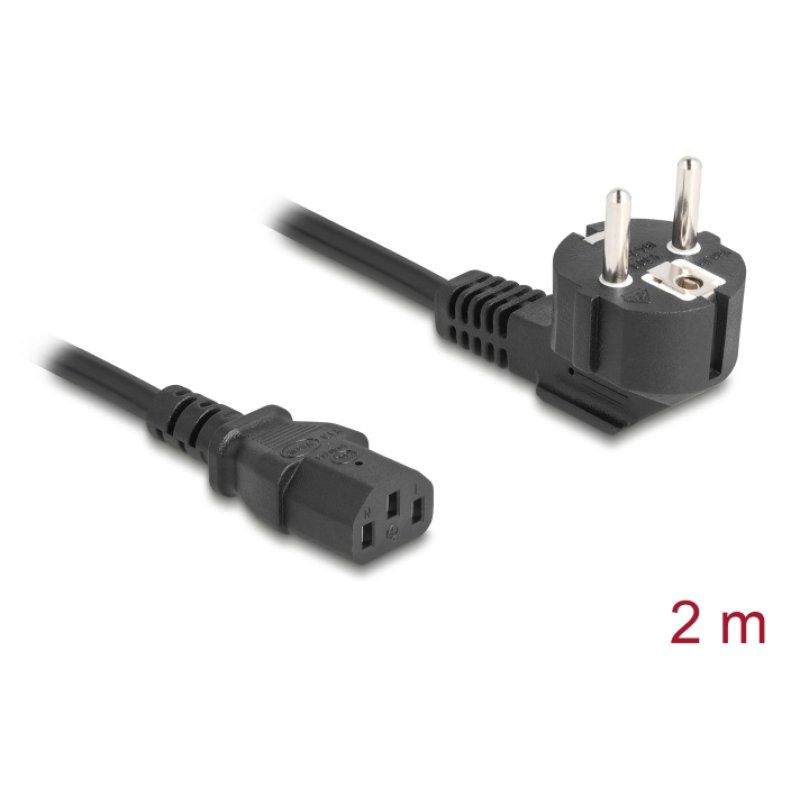 Delock Netzkabel PC Schutzkontaktstecker CEE 7/7 90° gewinkelt auf C13 Buchse, 2 m, 3 x 1,00 mm² schwarz