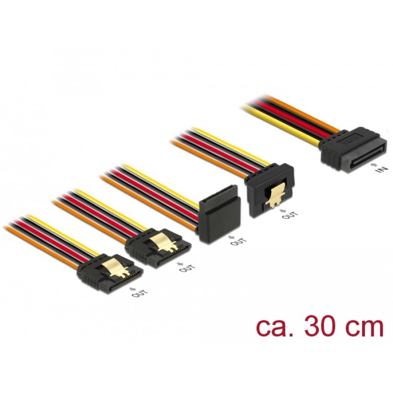 Delock Kabel SATA 15 Pin Strom Stecker mit Einrastfunktion SATA 15 Pin Strom Buchse 2 x gerade / 1 x unten / 1 x oben