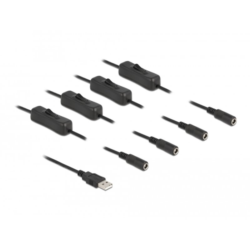 Delock Kabel USB Typ-A Stecker zu 4 x DC 5,5 x 2,1 mm Buchse mit Schalter 1 m