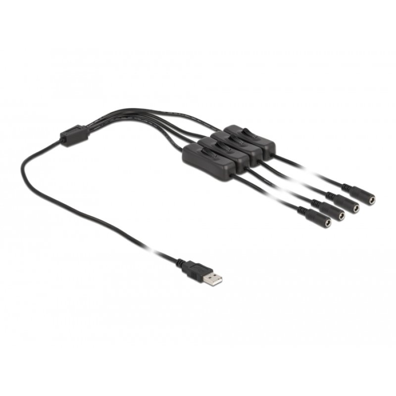 Delock Kabel USB Typ-A Stecker zu 4 x DC 5,5 x 2,1 mm Buchse mit Schalter 1 m