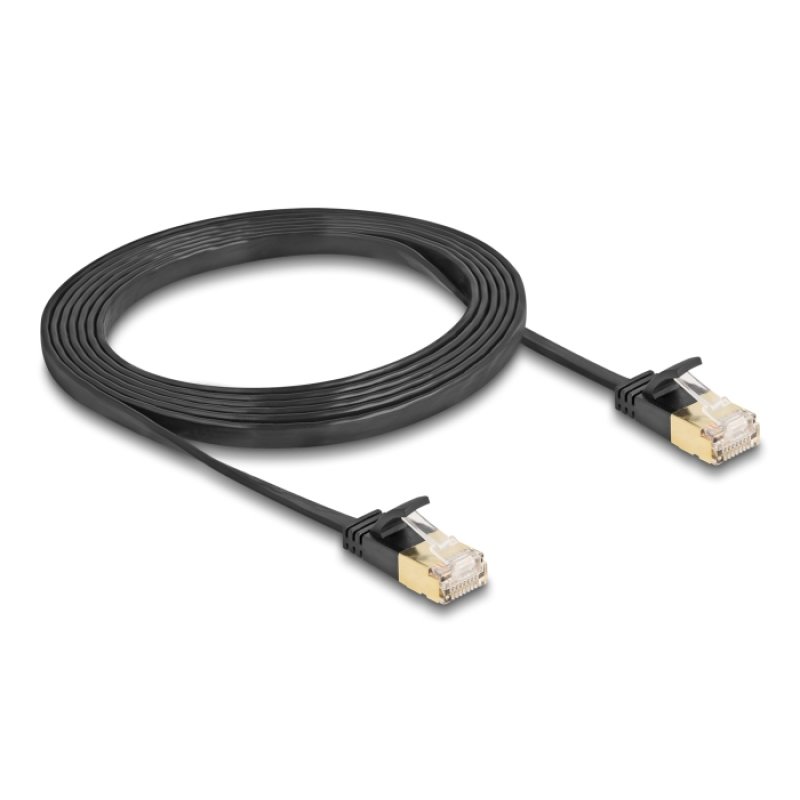 DeLOCK Câble de réseau RJ45 Cat.6A mâle à mâle avec loquet robuste et câble plat brut Cat.7 U/FTP 2 m noir